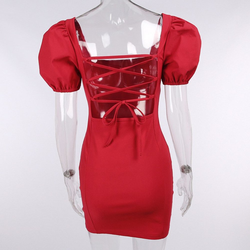 RED RUFFLE MINI PUFF SLEEVE DRESS - Picture 5 of 8